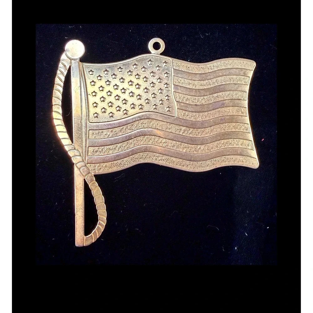 Vintage Brass Tone American Flag Ornament Waving US Flag Patriotic Holiday Decor